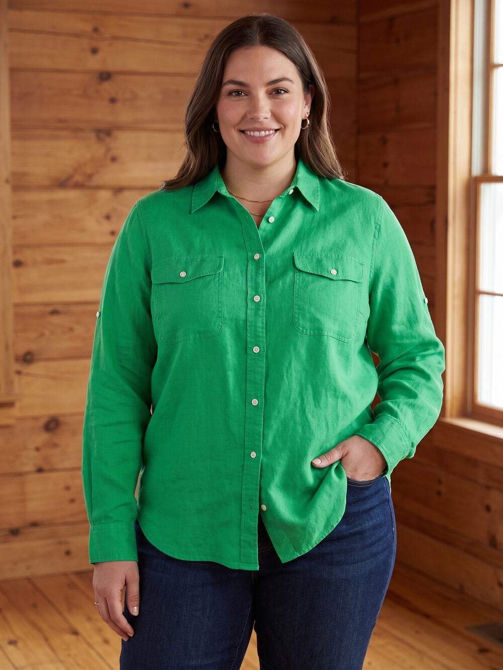 Lauren Ralph Lauren Bright Kelly Green 100% Linen Shirt Womens XL Roll Tab Beach